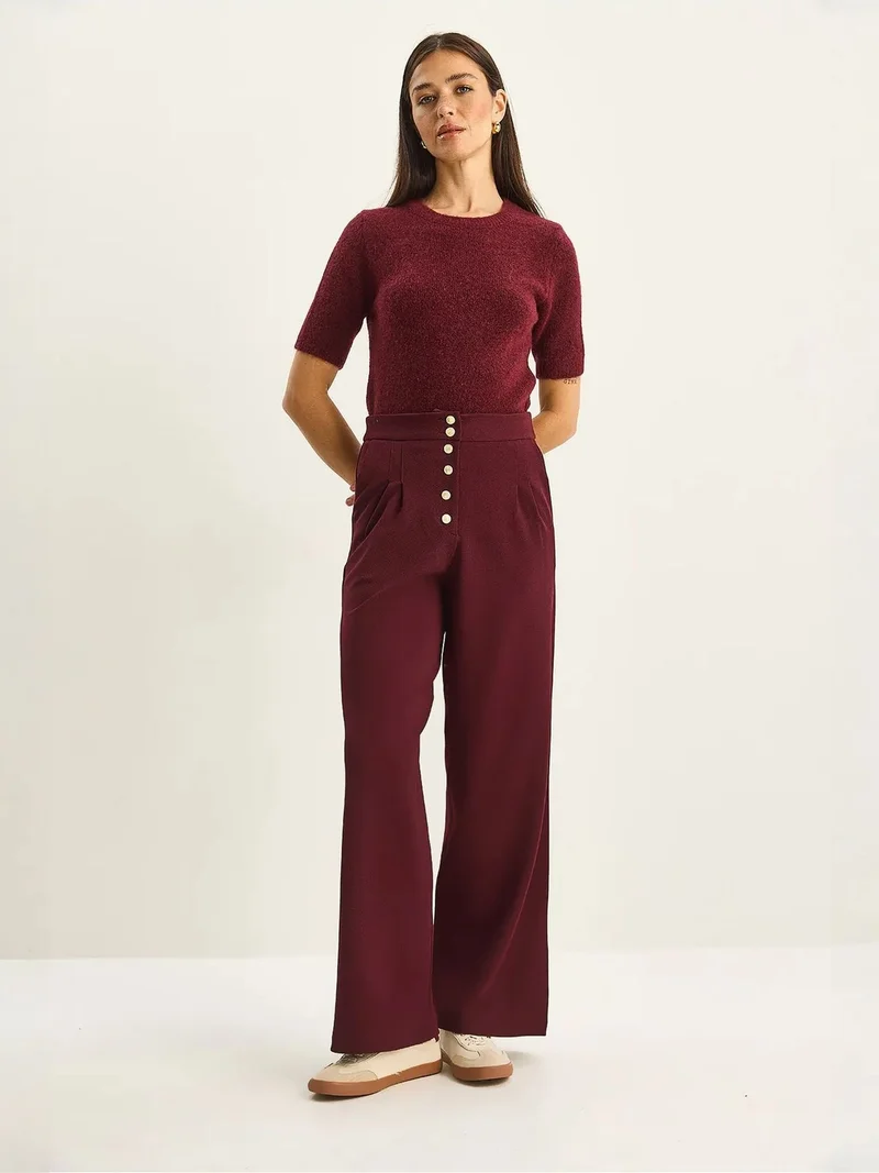 Bianco Lucci Burgundy Red LUCCI High Waist Wide Leg Palazzo Pants for Women | Best Price UAE